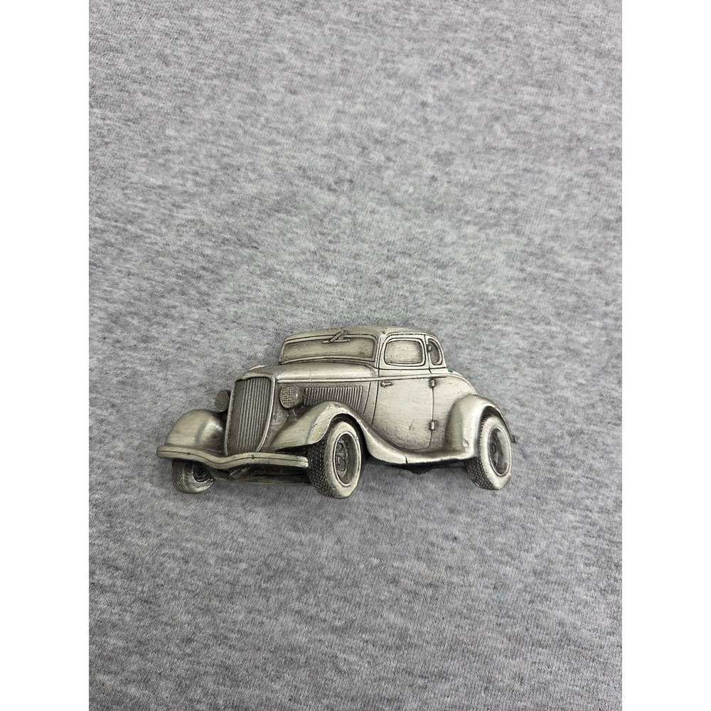 Vintage 1980 Solid Pewter Heavy Hot Rod Ford Chevy Coupe Belt Buckle Damaged
